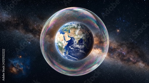 Planet Earth Protected Inside Iridescent Bubble in Space Environmental Protection Concept