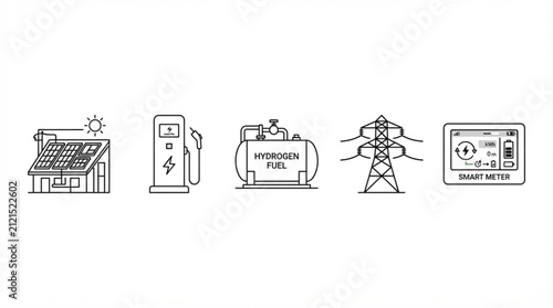  Smart grid icons vector set renewable energy utility infrastructure flat line art outline