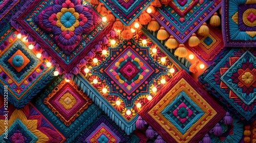 Vibrant patchwork textile with colorful geometric embroidery and intricate handcrafted patterns, showcasing traditional quilting, artisan design and cultural craftsmanship.