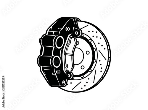 Automotive brake caliper and rotor detail illustration