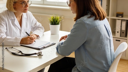 Modern medical clinic featuring female doctor completing prescription during healthcare consultation with adult woman.
