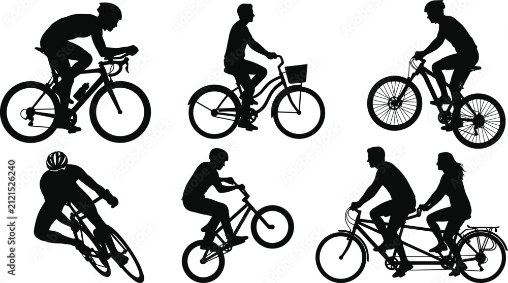 Fototapeta premium Cyclist Silhouette Vector Set with People Riding Road Bike, BMX, and Tandem Bicycle for Sport and Cycling Designs