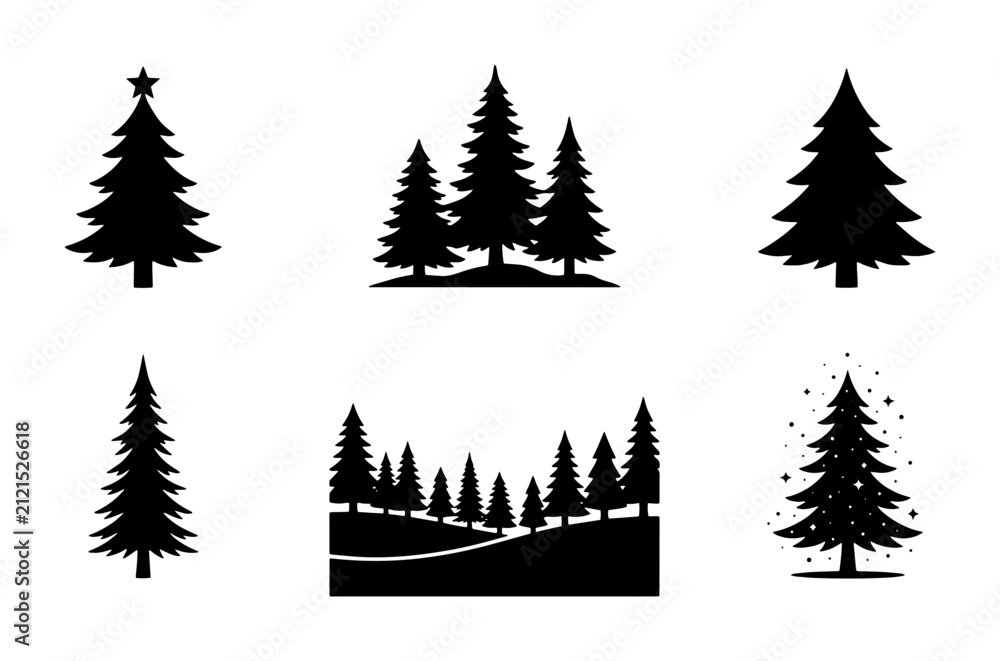 Fototapeta premium 70 Christmas Tree Silhouettes, Festive Evergreen Vector Icons, Winter Holiday Pine Forest Graphics, Seasonal Celebration Elements 100