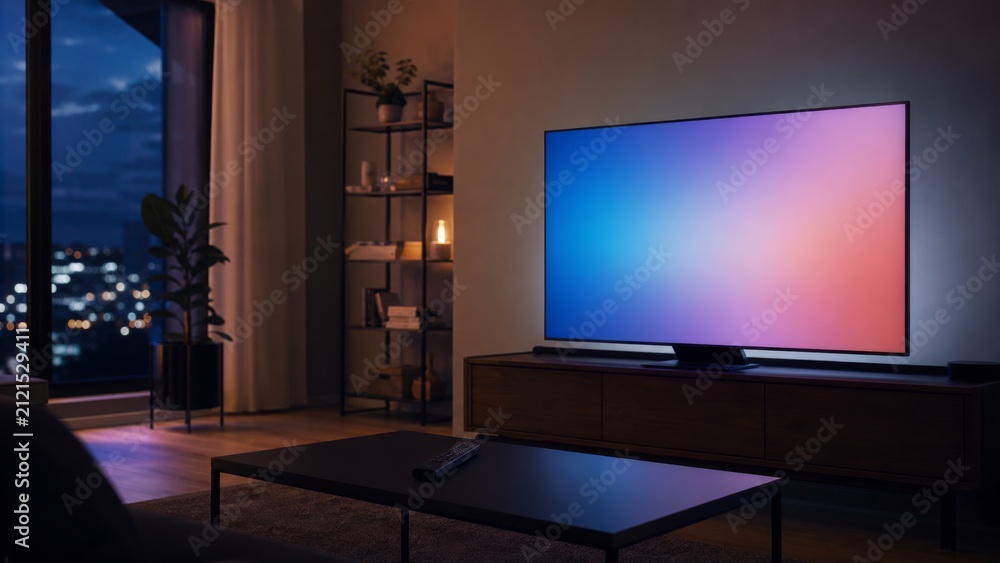 Obraz premium Modern smart television with glowing colorful screen in dark cozy living room. Interior of apartment at night with night city view through window. Home entertainment and media technology.