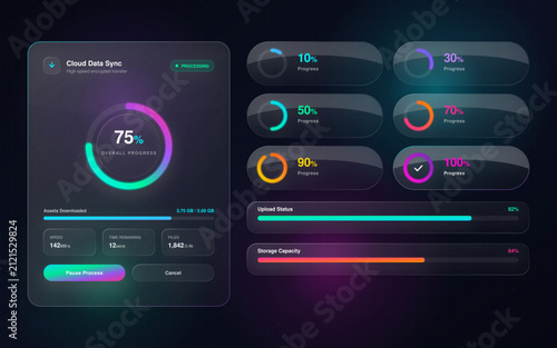 Cloud data sync widgets in futuristic glassmorphism with neon glowing lighting on dark frosted texture for app user interface