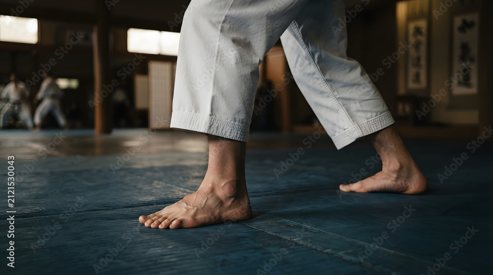 Fototapeta premium Martial artist performing low stance training. Barefoot fighter practicing karate or taekwondo kick technique on gym mat.