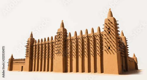 Historical Sudano-Sahelian Adobe Mosque Architecture Isolated on White Background Representing Traditional African Earthen Construction Style
