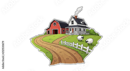 Whimsical Farmstead Illustration Featuring a Red Barn House and Grazing Sheep on a Rural Countryside Path