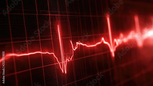 A vibrant red EKG line pulses across a dark grid background