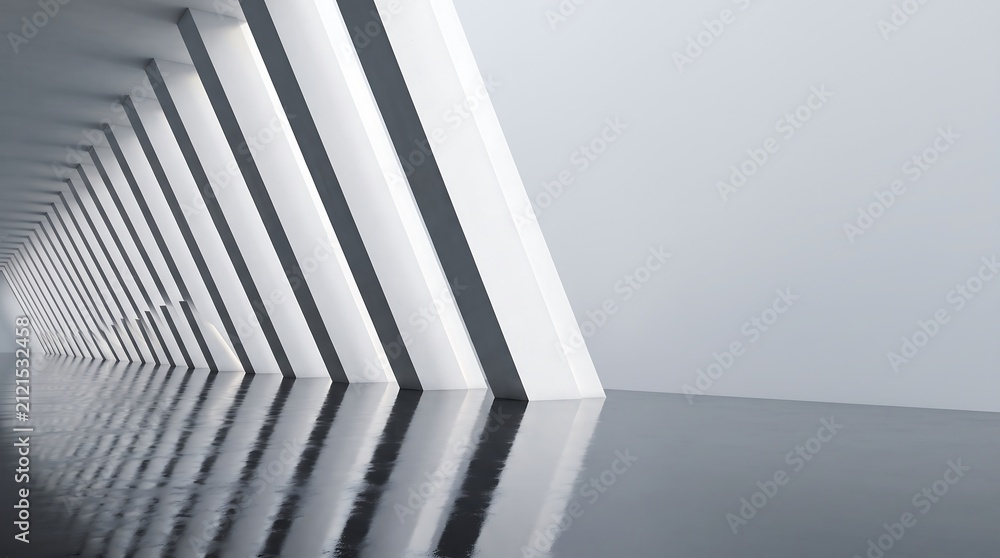 Fototapeta premium Dynamic 3D abstract corporate background featuring a row of massive slanted white rectangular pillars reflecting on a glossy floor, leaving a large light grey copy space.