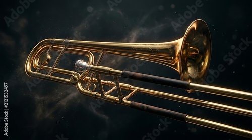 Brass trombone on dark celestial background