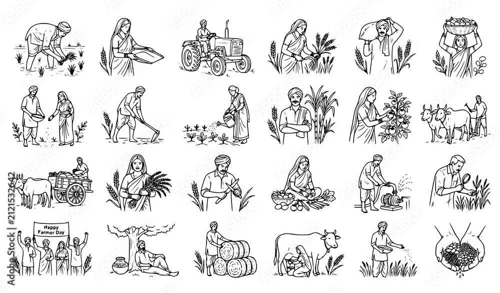 Obraz premium Happy Farmer Day Hand Drawn Thin Line Indian Agriculture Vector Collection
