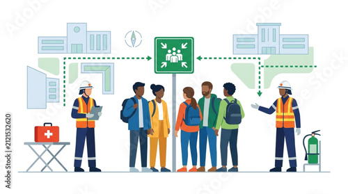Emergency preparedness illustration showing diverse people gathering at a safe assembly point with evacuation routes and safety personnel nearby on a white background