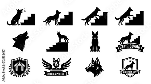 Dogs Security Emblem Set with Stair Guard Silhouettes, Shield Badges, Wings, and Protective Symbols