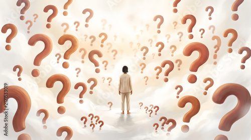 Businessman standing amid floating question marks, symbolizing confusion, uncertainty, and difficult decision-making. Conceptual image representing doubt, problem-solving, and choice overload