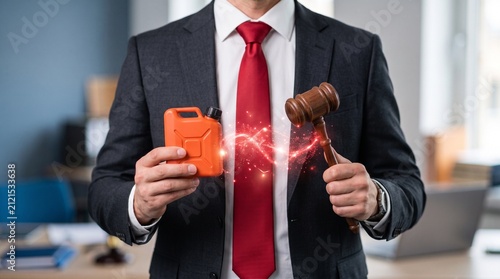 Energy law concept with businessman holding judge gavel and fuel canister. Oil and gas industry regulations, legal litigation in petroleum sector.