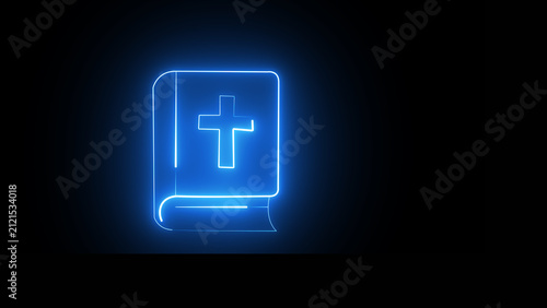 Quadro su tela Glowing blue neon outline of a holy bible book with christian religion scripture