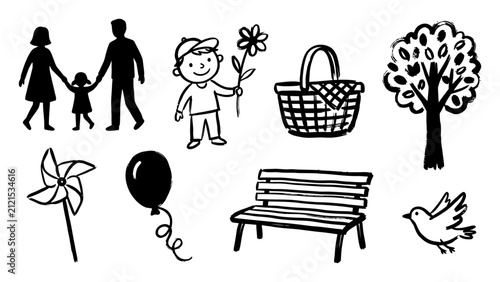 Hand drawn park and picnic doodle icons set with family silhouette boy basket tree bench balloon pinwheel and bird vector illustration