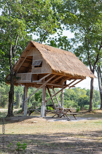 Fotografía Traditional Southeast Asian wooden hut built on high stilts with a thatched roof, surrounded by green trees in a rural landscape, representing simple tropical living and countryside architecture