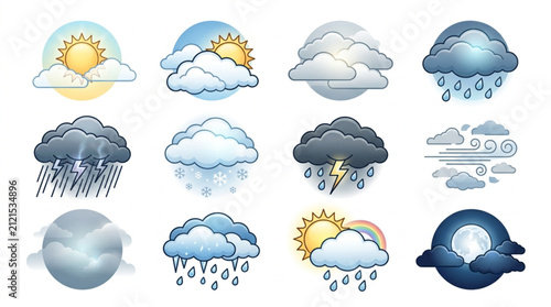 Foto Colorful weather icons set with various conditions.