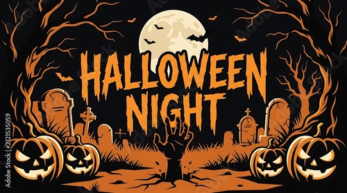 Halloween night scene with jack o lanterns and spooky graveyard under a full moon , Happy halloween 2026, Halloween 2026, Halloween, Halloween design, Halloween Poster Design .