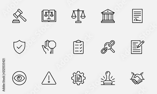  Regulation line editable icon set. Containing rules, authority, conduct, law, guideline, penalty, government, ethics, compliance, procedure