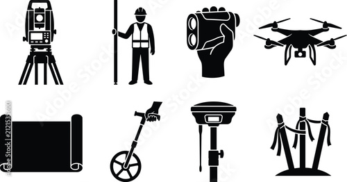 Foto Land surveying equipment vector icons set including total station, surveyor, drone, blueprint, and measuring tools