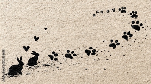 Animal Paw Prints and Heart Traces on Textured Surface