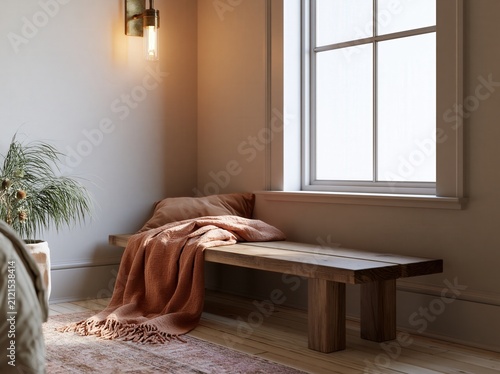 Minimalist walnut window bench with linen throw in cozy interior