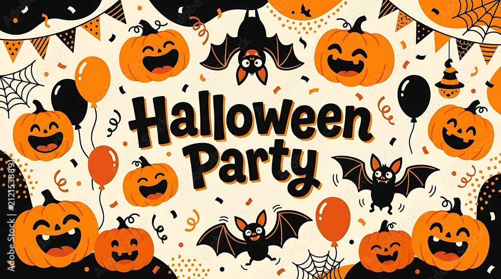 Fototapeta premium Colorful halloween party illustration with jack o lanterns and bats , Happy halloween 2026, Halloween 2026, Halloween, Halloween design, Halloween Poster Design .