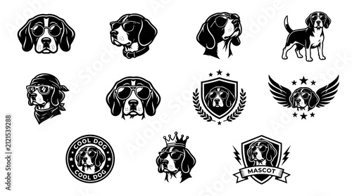 Dogs Mascot Emblem Set with Sunglasses, Crowns, Wings, Stars, Badges, and Bold Monochrome Linework