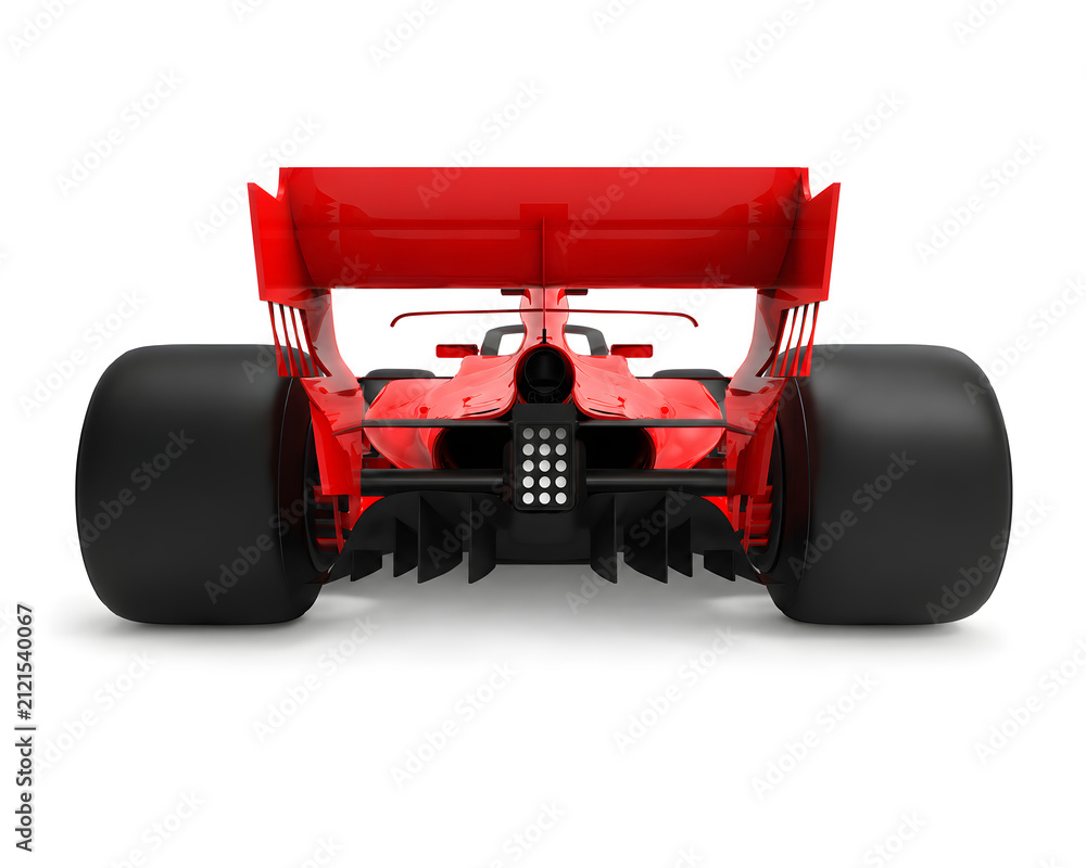 Obraz premium Detailed close up 3D rendering illustration of the rear / back of a modern red sports race car isolated in white studio background without stickers