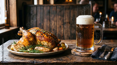 Golden roasted whole chicken served on a rustic plate alongside a frothy mug of beer, set on a wooden table in a cozy pub or tavern atmosphere. Warm ambient lighting highlights the crispy skin 