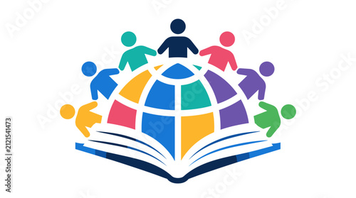 Open Book With Colorful Globe Surrounded By People.