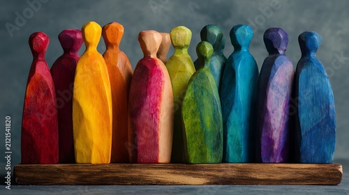 Row of colorful handcrafted wooden figures representing diversity and community