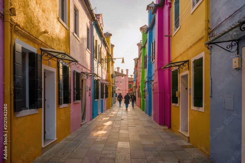Fototapeta premium Rue étroite bordée de façades multicolores, architecture traditionnelle colorée, destination touristique pittoresque et ambiance méditerranéenne ensoleillée