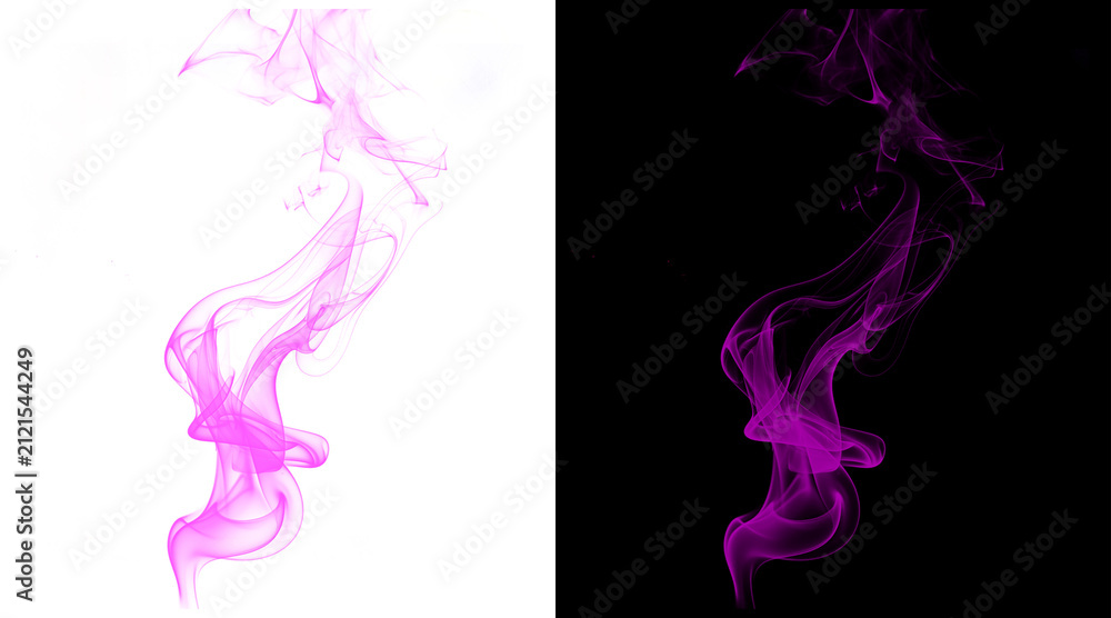 Obraz premium Purple smoke plumes on black and white backgrounds, ethereal magenta vapor swirls, abstract violet steam trails for creative design overlays