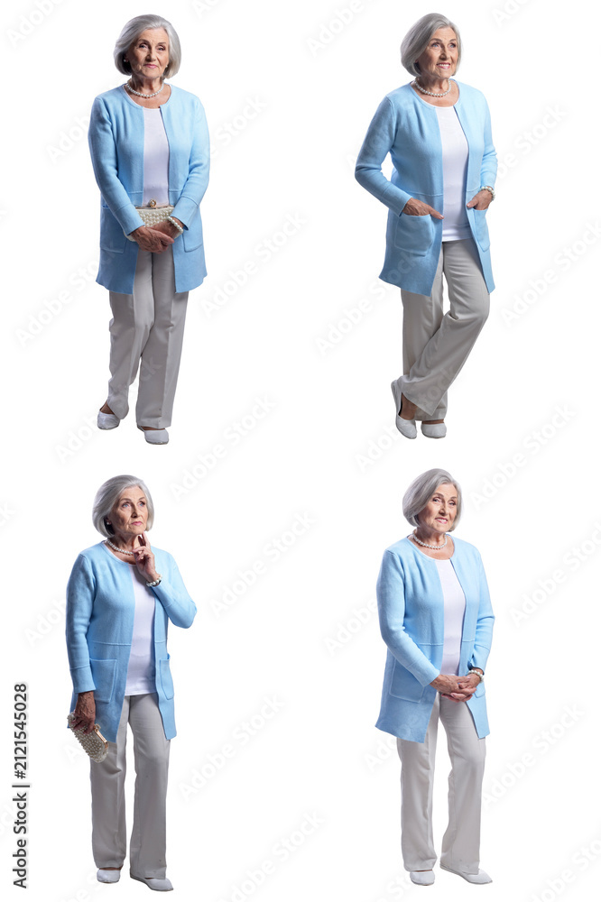 Obraz premium Senior woman in blue jacket posing in studio with confidence