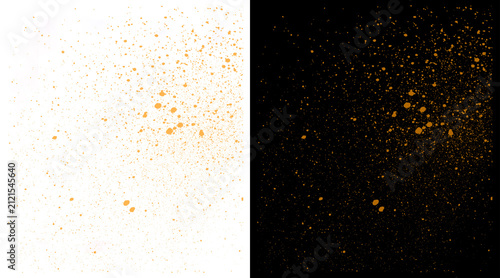 Golden spray paint splatters on white and black backgrounds, metallic gold dust particles, luxury glitter texture for creative design projects