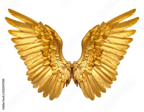 a high quality stock photograph of a single golden angel wings seperated from each other isolated on a white background