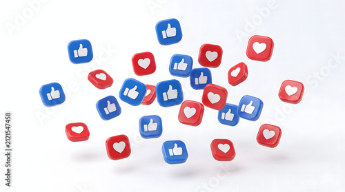3D render of floating red heart and blue thumbs-up 