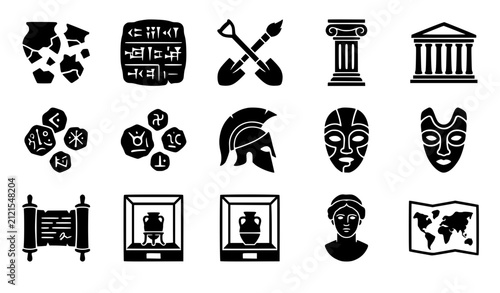 Archaeology and ancient history icons set featuring museum artifacts, pottery shards, shovels, greek helmet, tribal masks, ancient temple column, coins, and scroll vector illustration.