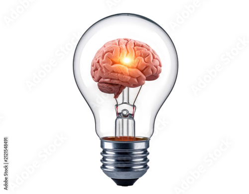 
High resolution, conceptual stock photo capturing a cleverly designed bulb, shaped intricately like a human's brain and boldly emitting a gleaming, fresh light on a transparant or white background