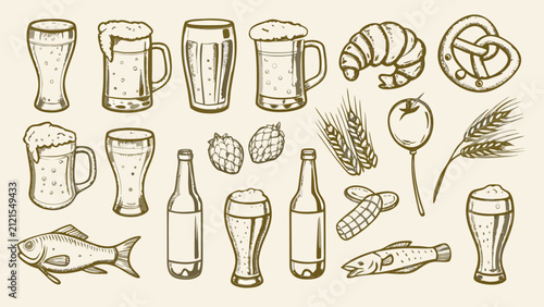 Obraz na plátně a hearty collection of beer related items in sketch style mugs pretzel fish hops