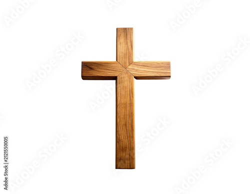 Single wooden Christian cross, isolated, stark contrast against a pure white background, high-resolution stock photo, soft shadows gently outlining its form, oak wood texture visible