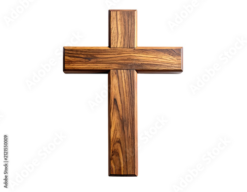 Single wooden Christian cross, isolated, stark contrast against a pure white background, high-resolution stock photo, soft shadows gently outlining its form, oak wood texture visible