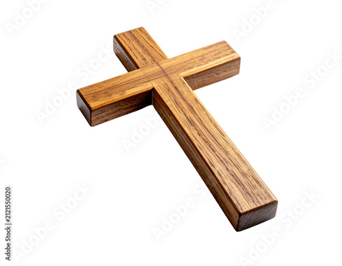 Single wooden Christian cross, isolated, stark contrast against a pure white background, high-resolution stock photo, soft shadows gently outlining its form, oak wood texture visible