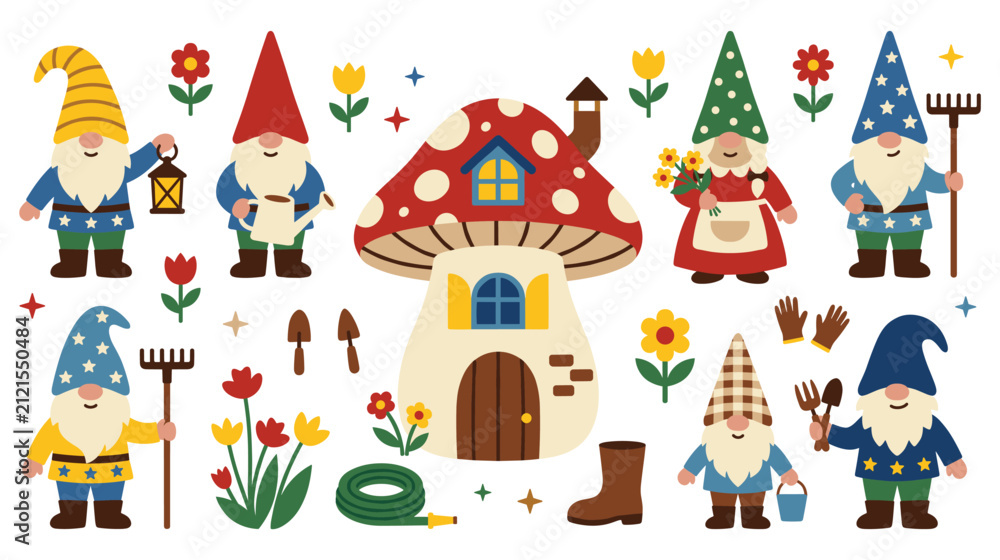 Fototapeta premium Cute garden gnome family with mushroom house and gardening tools flat vector illustration.