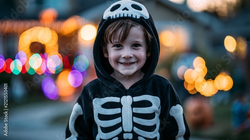 Boy in a Halloween costume smiling at the camera.