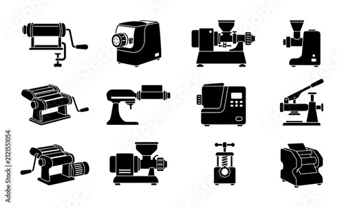 Set of 12 Black and White Kitchen Appliance Icons: Pasta Makers, Meat Grinders, and Food Processors, Vector Graphics for Culinary Design